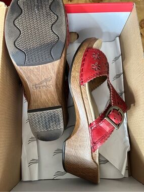 Dansko Crimson Leather Wedge Sandals with Buckle Strap